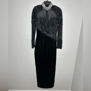 Sherri Hill 90’s Vintage Black Long Sleeve Velvet Beaded Prom Pageant Gown